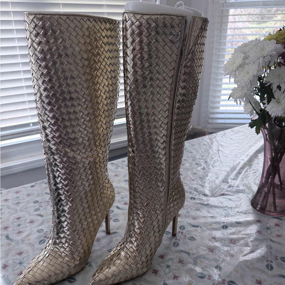 Woven Metallic Over-the-Knee Stiletto Boots in Gold